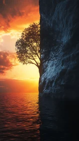 Sunset tree clinging to a cliff above glowing waters.