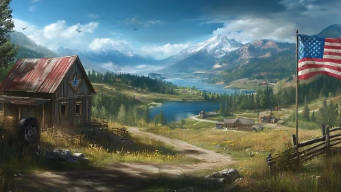 Mountain valley homestead overlooks lake under bright skies