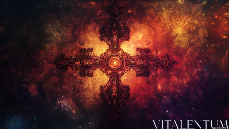 Ornate baroque cross glows within swirling nebular color field