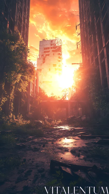 Sunlit ruined highrise stands between dark overgrown towers