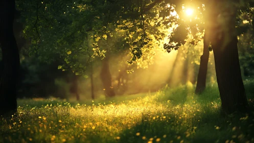 Sunlit forest clearing with golden morning light, serene nature scene.