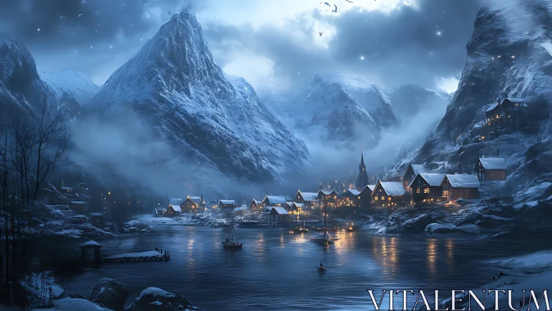 Snowbound fjord village under towering moonlit peaks.