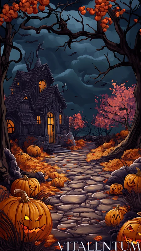 Halloween pathway with pumpkins leading to old house at night.