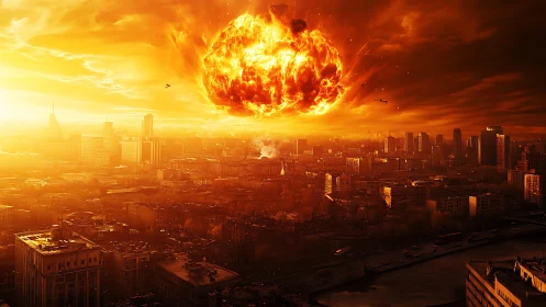 Digital painting of apocalyptic fireball over dense metropolis.
