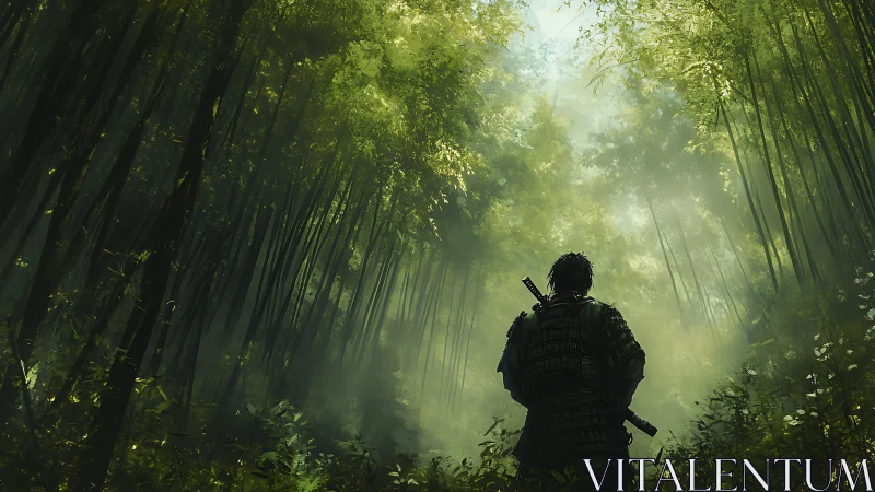 Solitary samurai observes diffuse light in dense bamboo forest