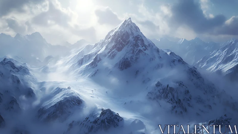 Snow-covered mountain range rises above cloud-filled valley