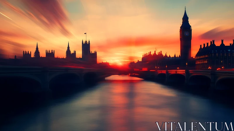 Westminster skyline at dusk with motion-blurred river light trails.