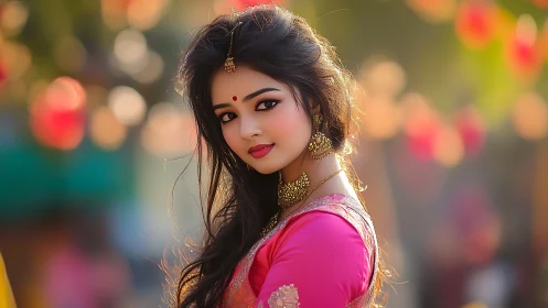 Bridal portrait in pink saree under warm bokeh sunset light.