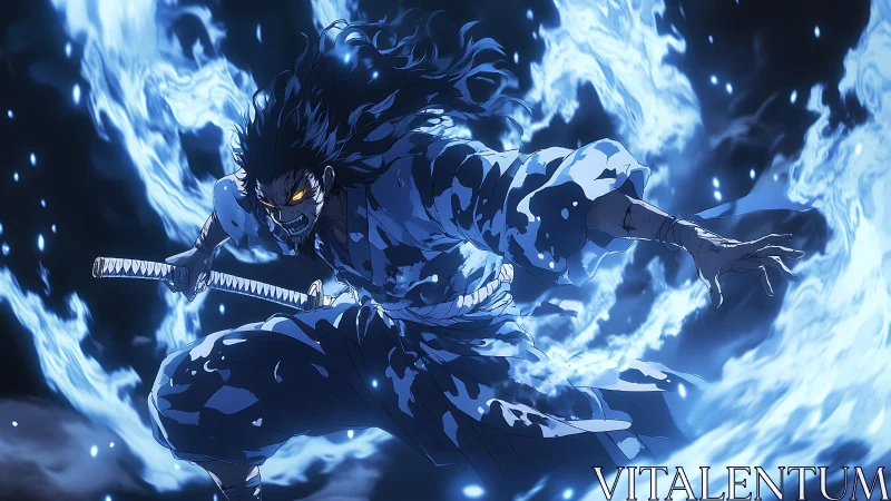 Kinetic blue-flame swordsman in high-energy anime composition.