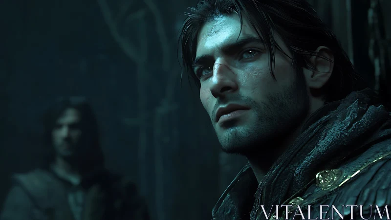 Brooding warrior in dim blue light with distant companion.