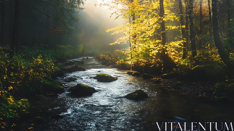 Forest stream with autumn foliage and morning light penetration.