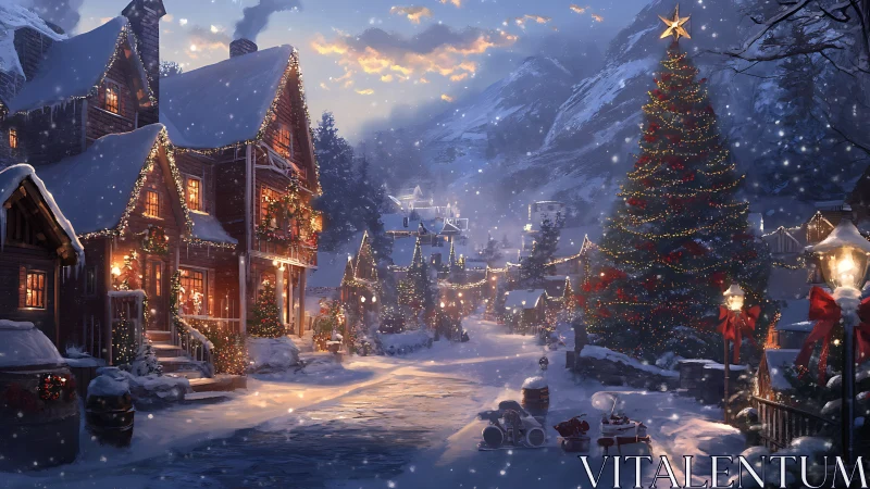 Snow-covered village street displays illuminated Christmas architecture