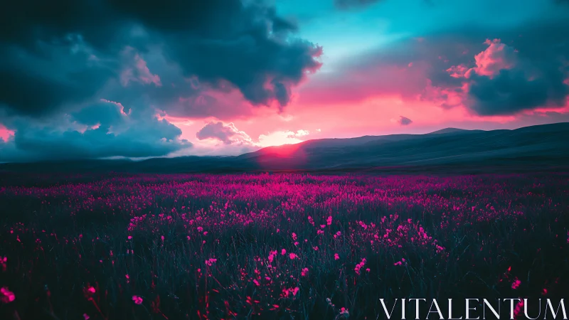 Neon twilight spreads over wildflower meadow beneath clouds