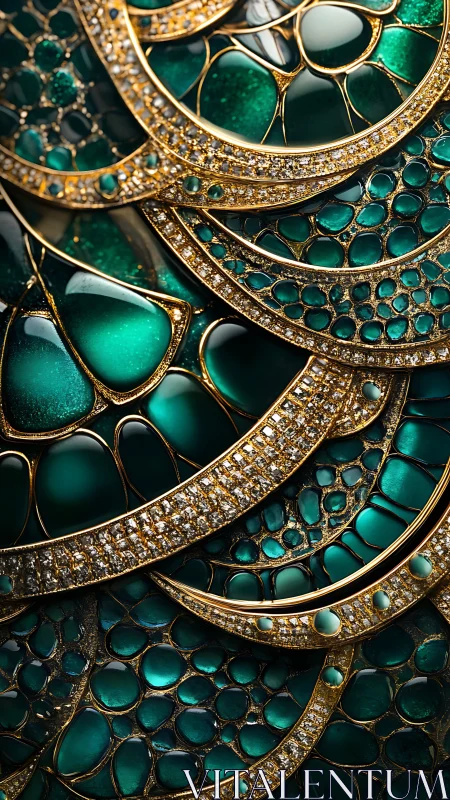 Emerald scales form layered gold lattice with jeweled arcs