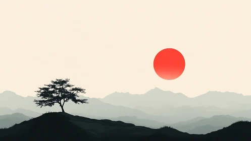 Minimalist red sun over layered mountain silhouettes at dusk.