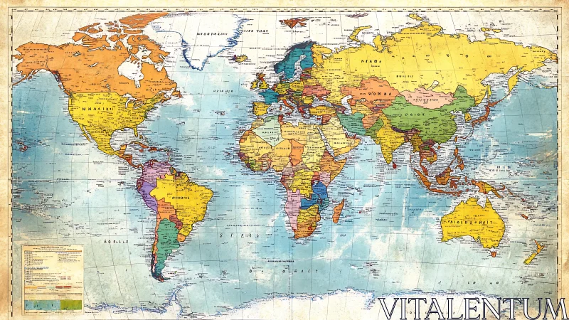 Retro political world map with textured vintage cartographic styling.