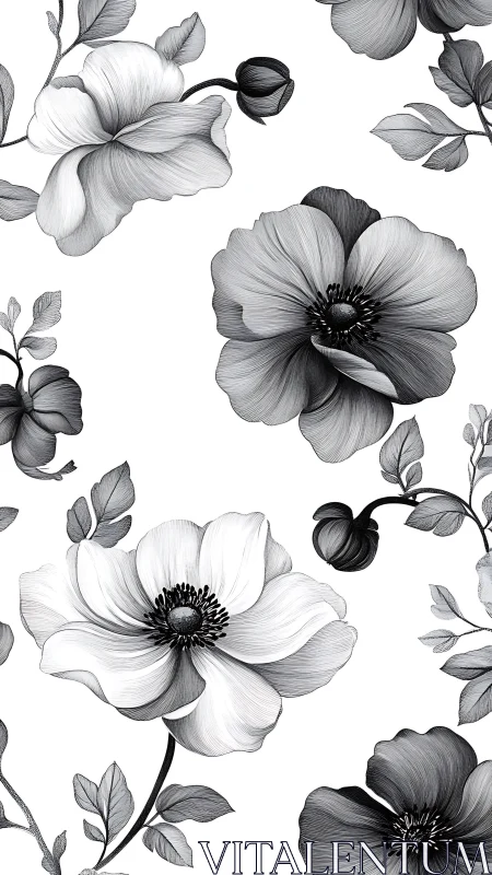 Botanical Line Drawing: Anemone Flowers with Layered Petals.