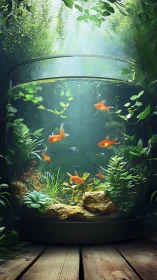 Forest-lit goldfish sphere cradling a wild garden world.