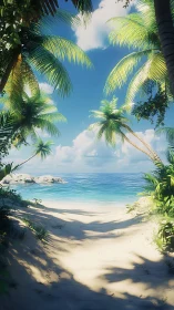 Tropical Beach Paradise Through Palm Canopy.