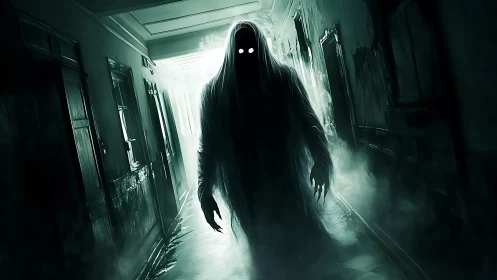 Spectral wraith emerging in misted, decaying asylum corridor.
