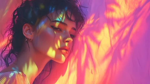 Neon-lit portrait under prismatic shadow gradients.