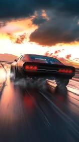 Muscle car powers along wet highway under blazing sunset sky