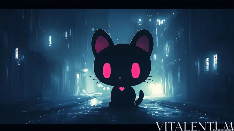 Neon eyed black cat character in moody cyberpunk alley.