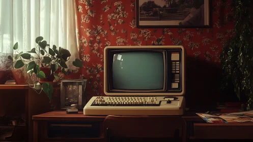 Retro computer shrine in sunlit floral wallpaper study.