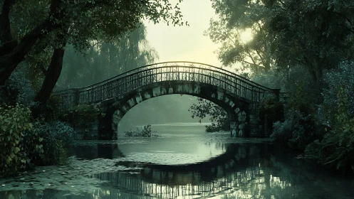 Misty stone bridge over tranquil forest river at dawn.