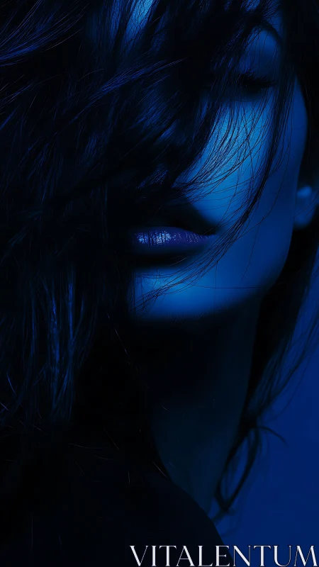 Monochrome blue portrait isolates lips and jawline in shadow