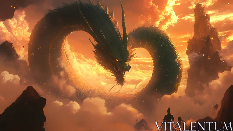 Colossal serpentine dragon coils through volumetric clouds at sunset