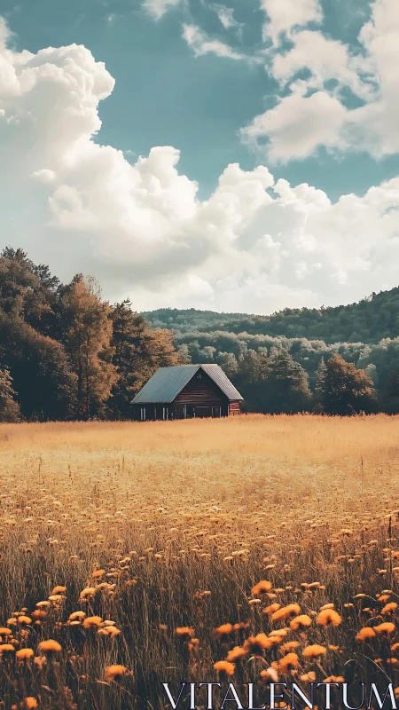 Rural wooden cabin in golden meadow under clouded sky.