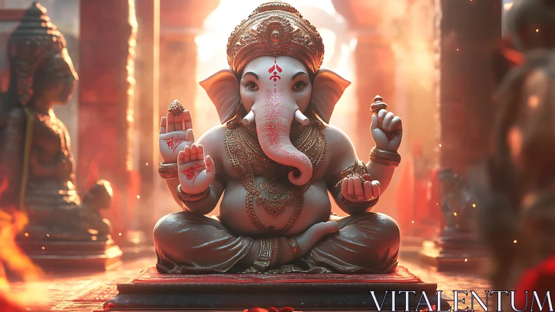 Lord Ganesha idol glows in warm temple light and incense.