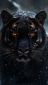 Snow-dusted black tiger stares forward with burning eyes.
