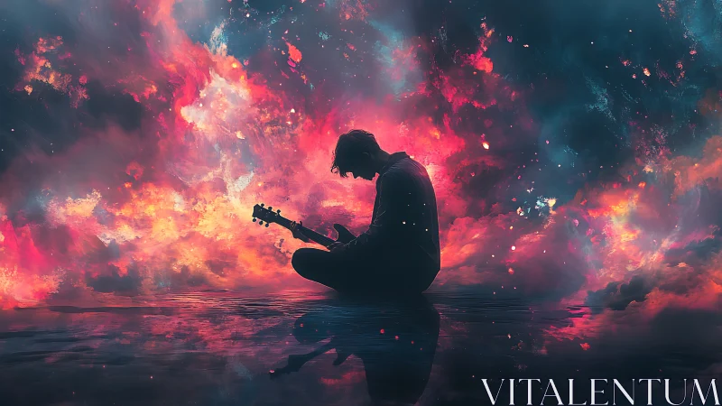 Silhouette guitarist seated in vivid cosmic sky reflection.