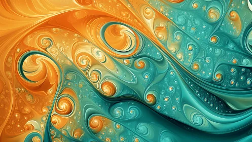 Twin tides of turquoise and amber spiral in fractal bloom.