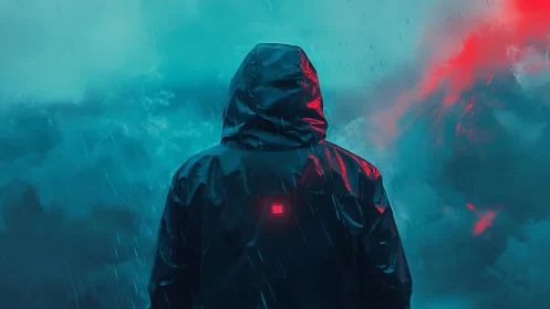 Hooded figure in rain against teal sky with red light.
