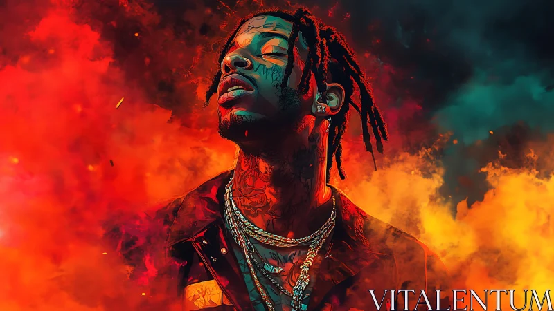 Digital painting portrait in infernal neon smoke environment.