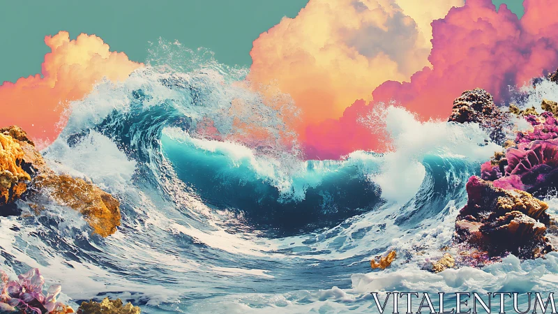 Neon surf crashes against coral under pastel storm clouds.