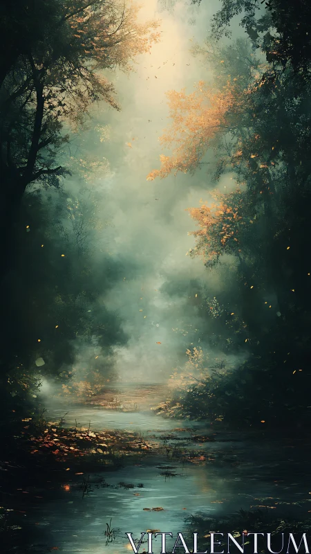 Ethereal mist bathes a reflective forest stream in soft light