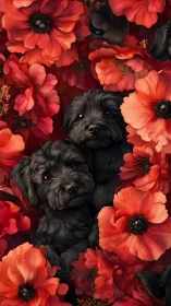 Black puppies embedded among densely layered red poppy blossoms