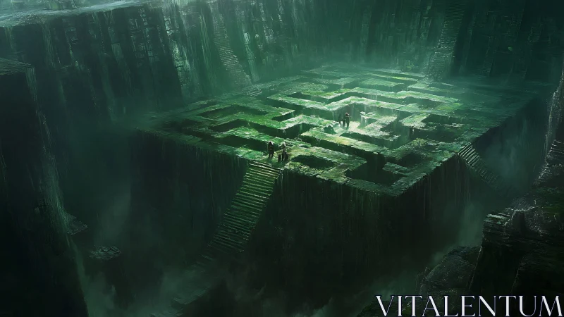 Mist-drowned stone labyrinth hums with ancient, watchful green