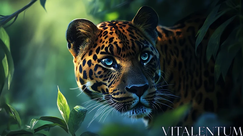Digitally Rendered Jaguar Portrait with Luminous Ocular Features.