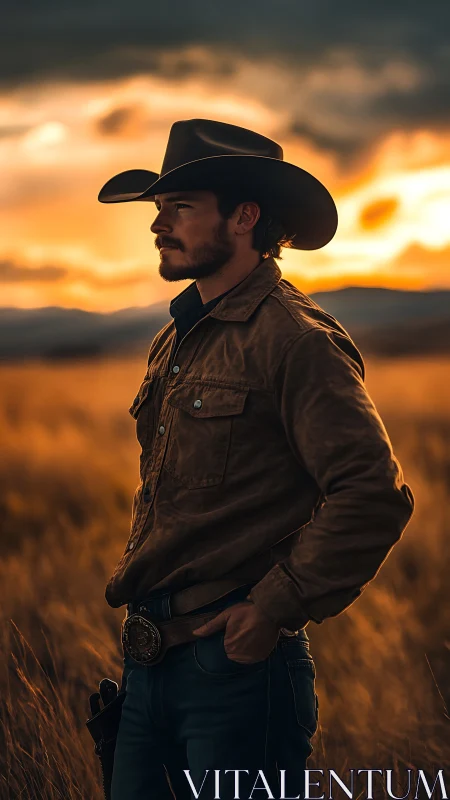 Sunset cowboy carves a bronze silhouette on wild prairie.