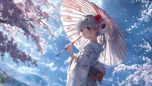 Anime girl in yukata under cherry blossoms holds ornate parasol