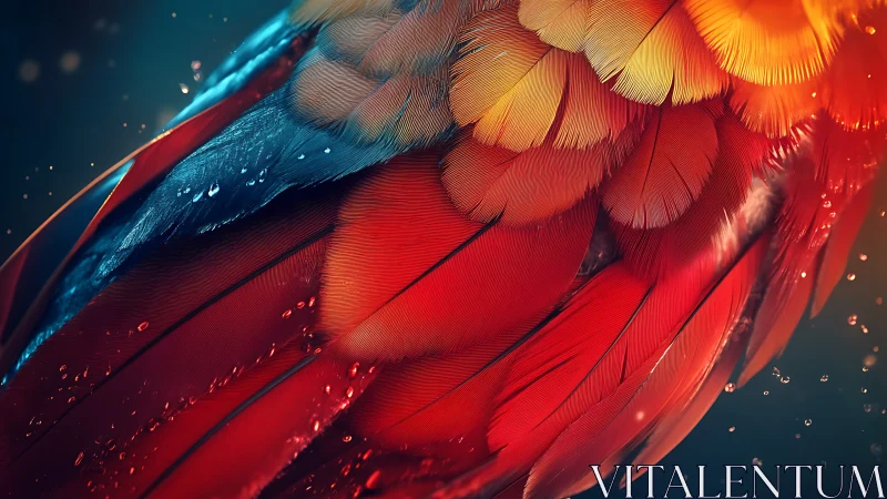 Macro view of colorful parrot feathers with water droplets.