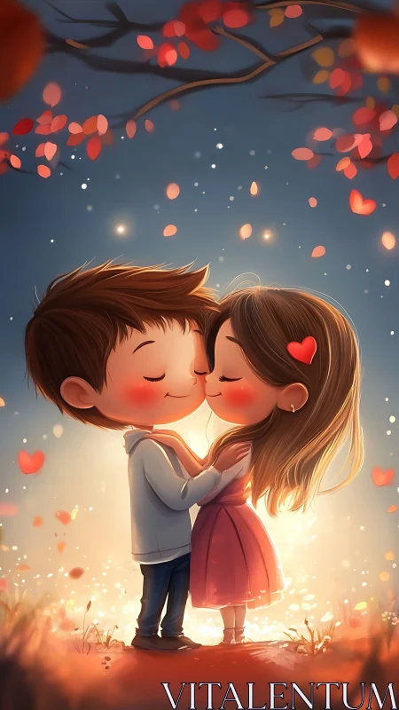 Young couple kissing beneath autumn leaves at sunset.