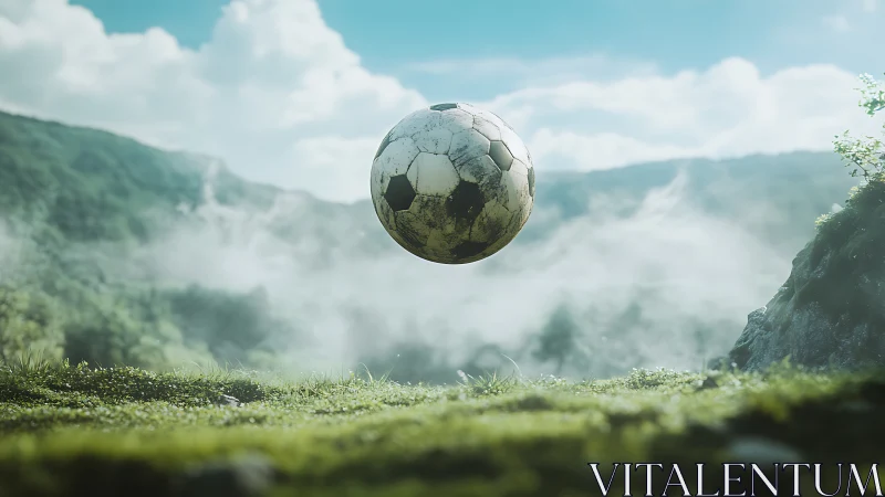 Weathered mountain football floats above misty green valley.