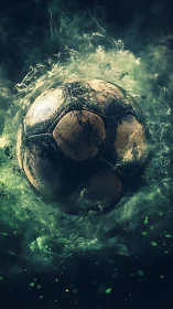 Stormborn soccer sphere swirling through emerald smoke.