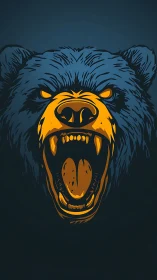Roaring bear head glows in bold blue and orange contrast.